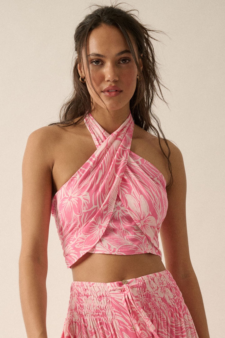 Floral Crisscross-Strap Cropped Halter Top