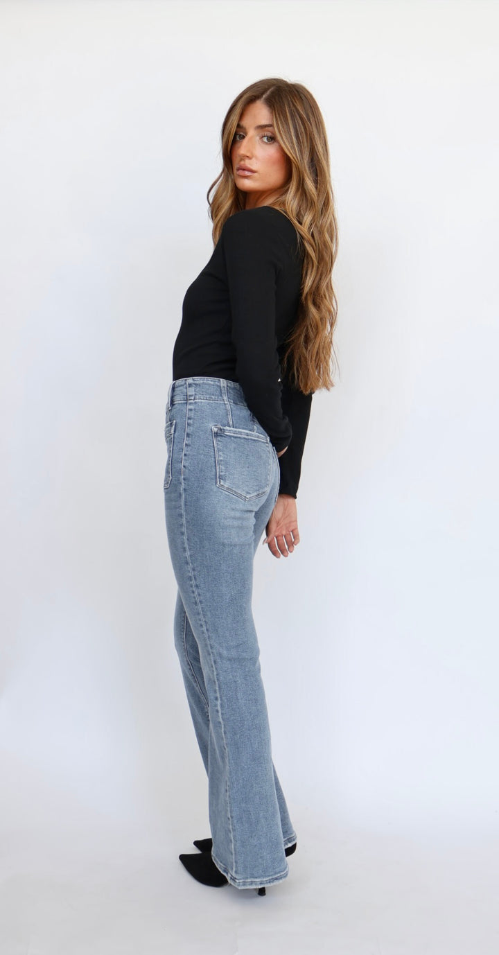 Flying Monkey High Rise Front Pocket Flare Jeans