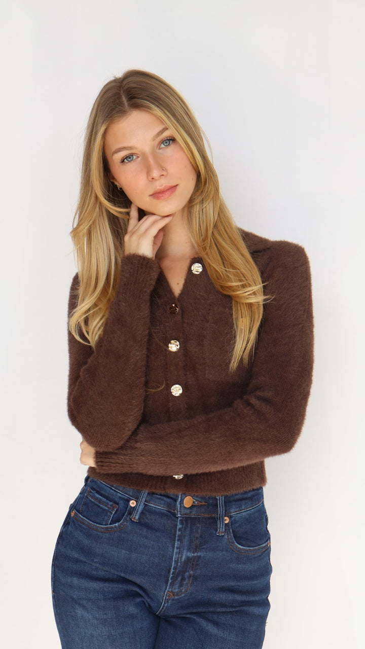 Double Pocket Gold Button Eyelash Sweater