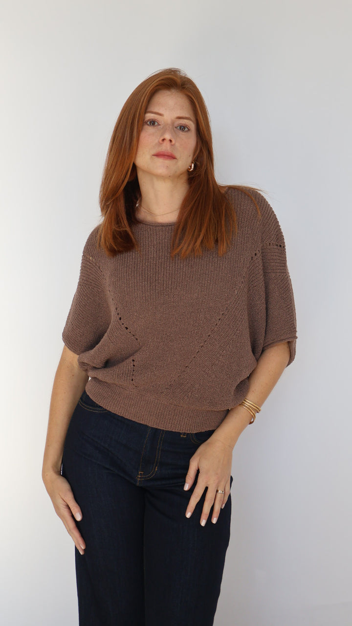 Short-sleeve Pointelle Ribbed Knit Sweater