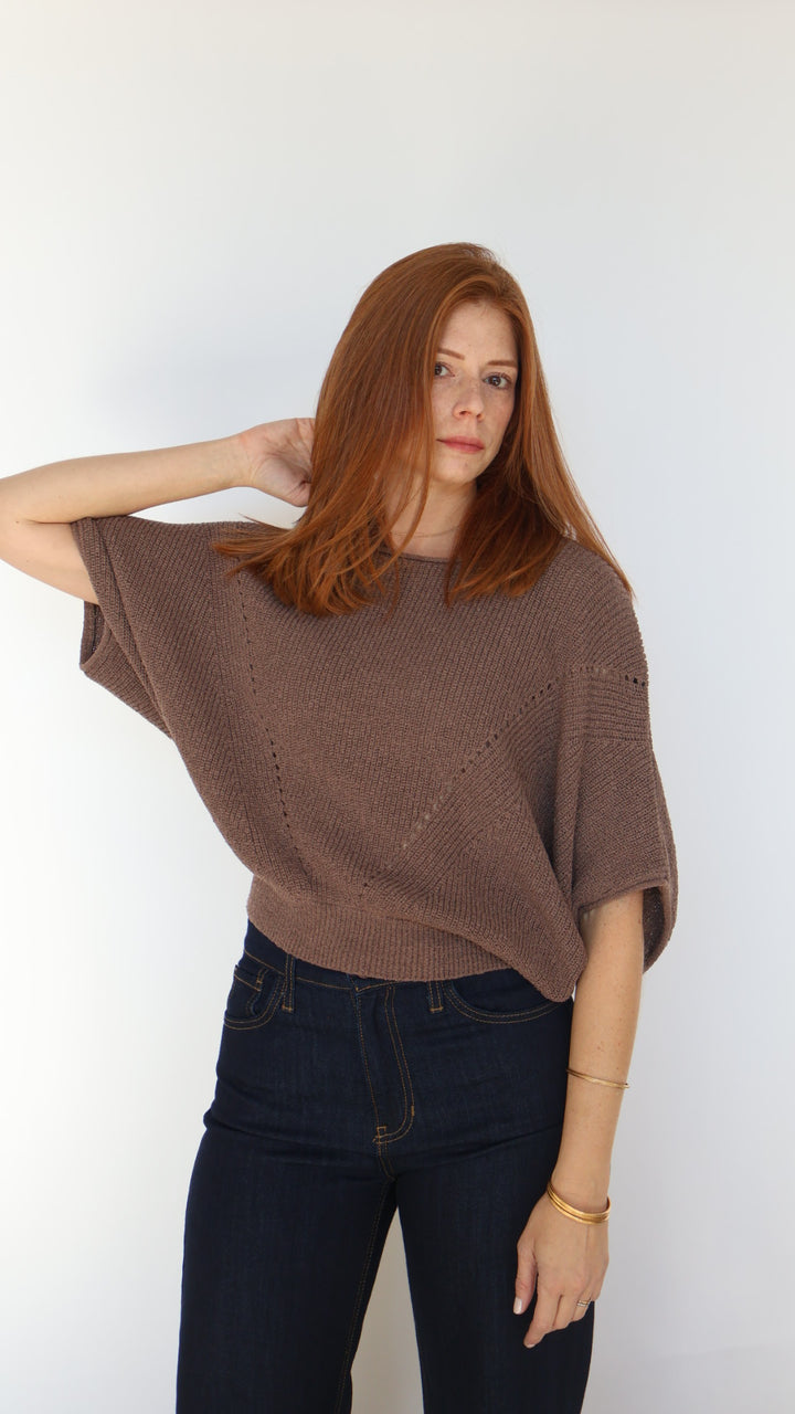 Short-sleeve Pointelle Ribbed Knit Sweater