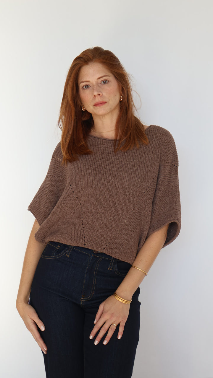 Short-sleeve Pointelle Ribbed Knit Sweater