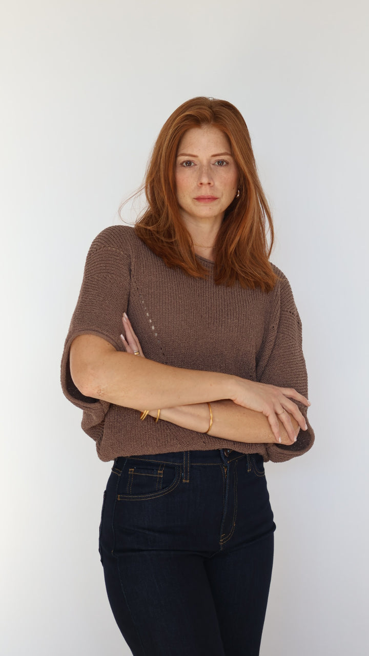 Short-sleeve Pointelle Ribbed Knit Sweater
