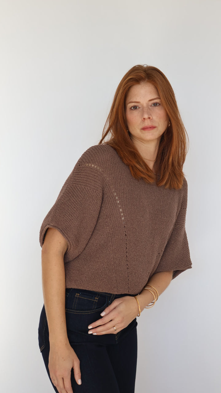 Short-sleeve Pointelle Ribbed Knit Sweater