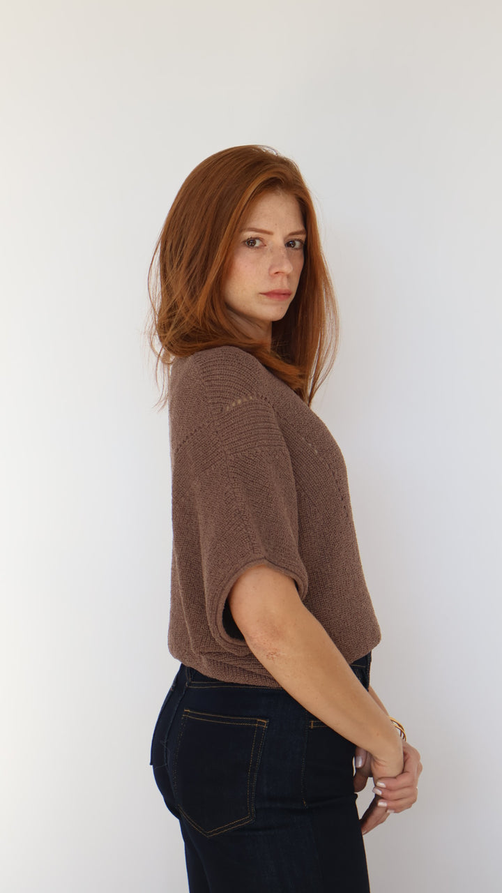 Short-sleeve Pointelle Ribbed Knit Sweater