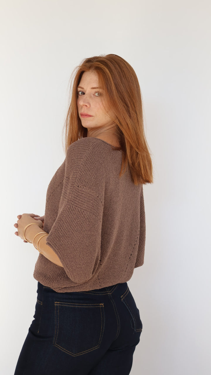 Short-sleeve Pointelle Ribbed Knit Sweater
