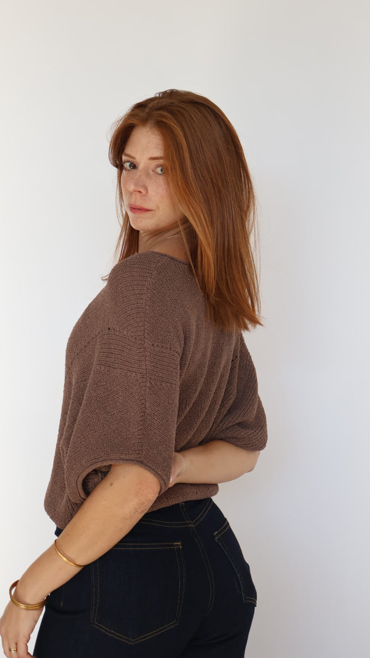 Short-sleeve Pointelle Ribbed Knit Sweater
