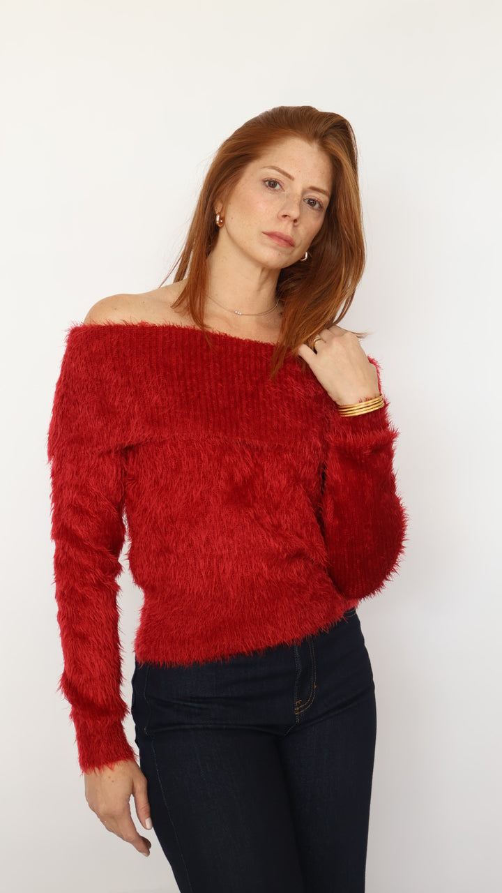 Off The Shoulder Fuzzy Sweater