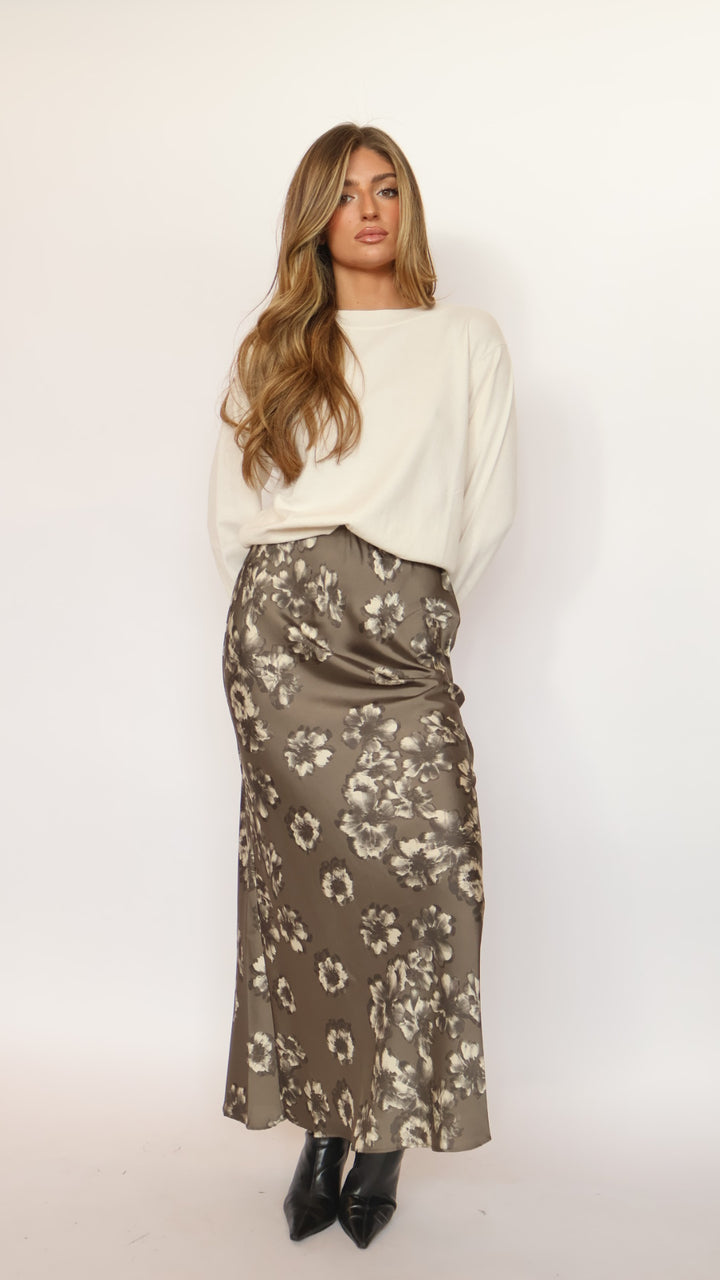 Floral Satin Elastic-waist Straight Maxi Skirt