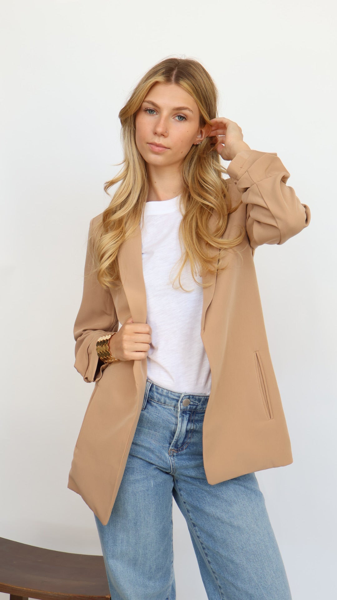 3/4 Ruched Sleeve Open Blazer