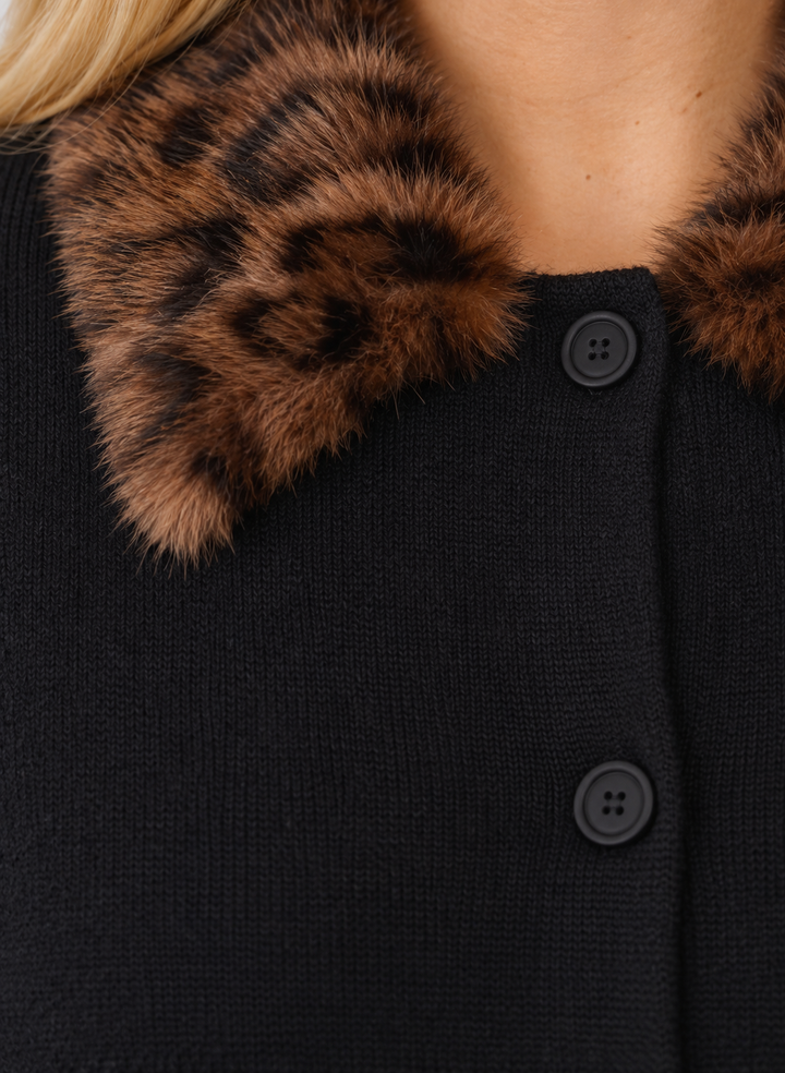 Leopard Faux Fur Collar Knit Cardigan