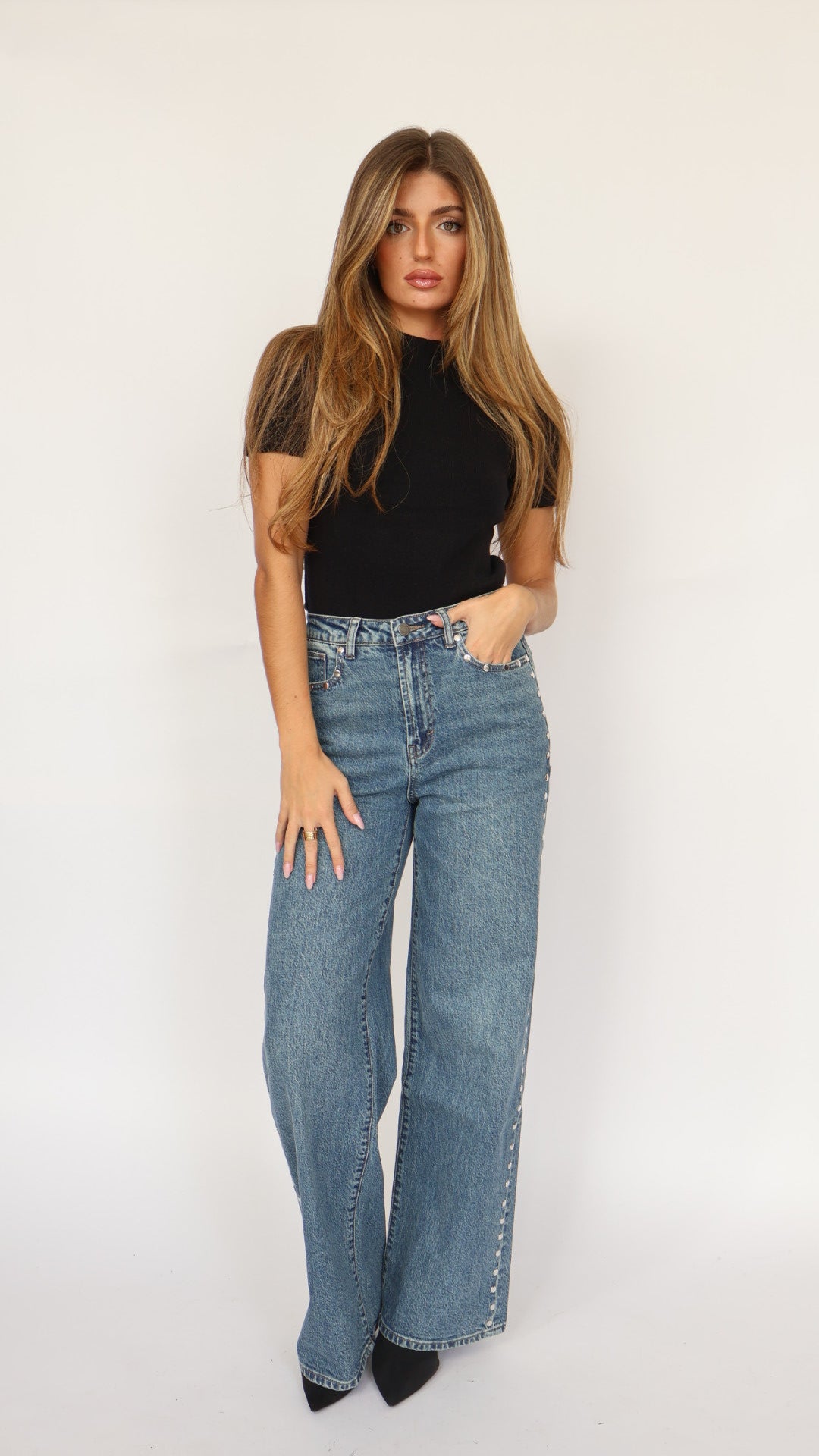 Habitual Gemma Studded High Waist Wide Leg Jeans