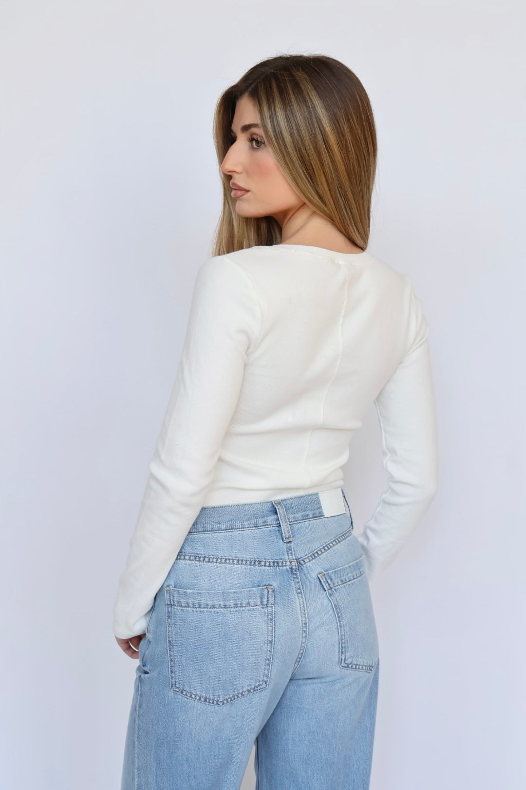 Ribbed Cotton Scoop Neck Long Sleeve Top