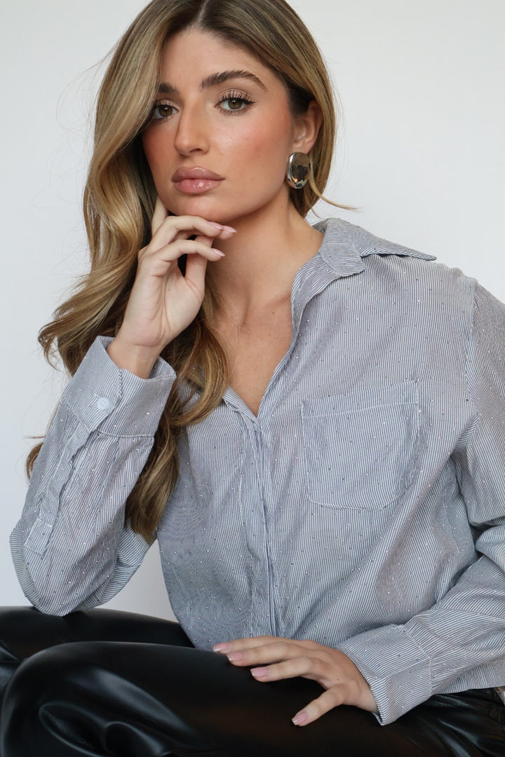 Rhinestone Detail Crop Button Down