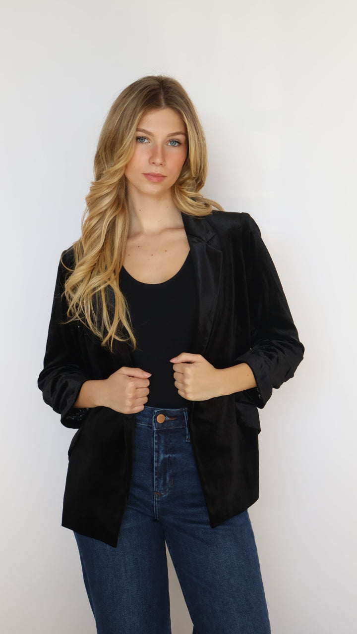 Ruched Sleeve Velvet Blazer