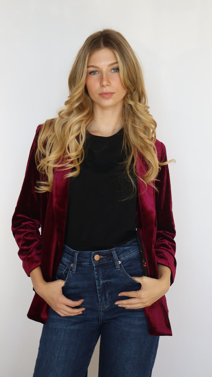 Ruched Sleeve Velvet Blazer