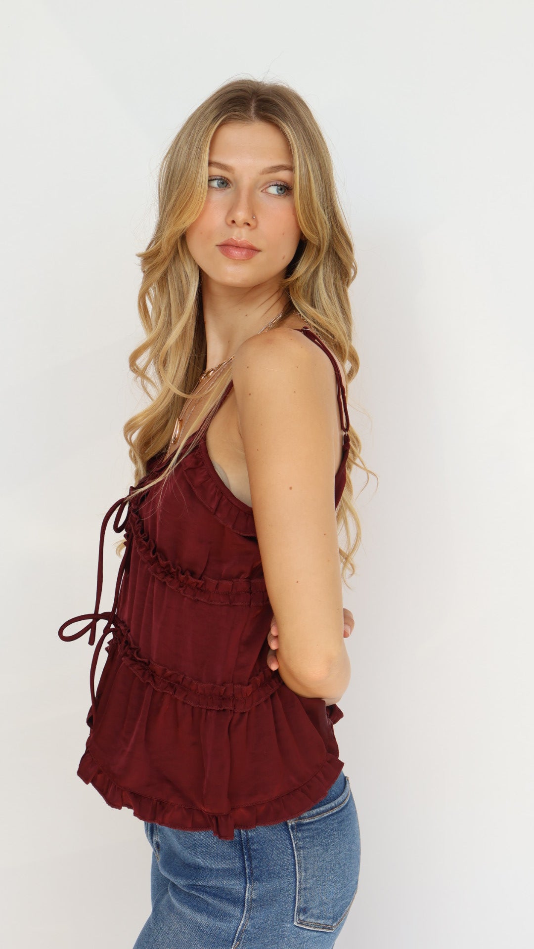 Tiered Tie Front Ruffle Detail Sleeveless Top