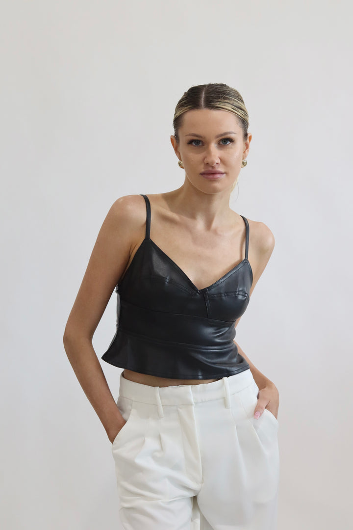 Vegan Leather Cropped Peplum Top