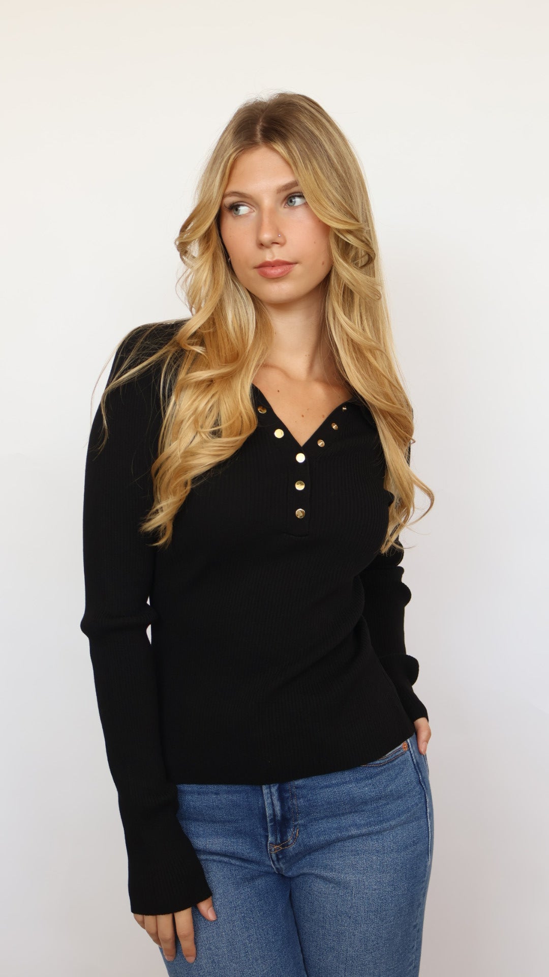Collared Gold Button Ribbed Henley Top