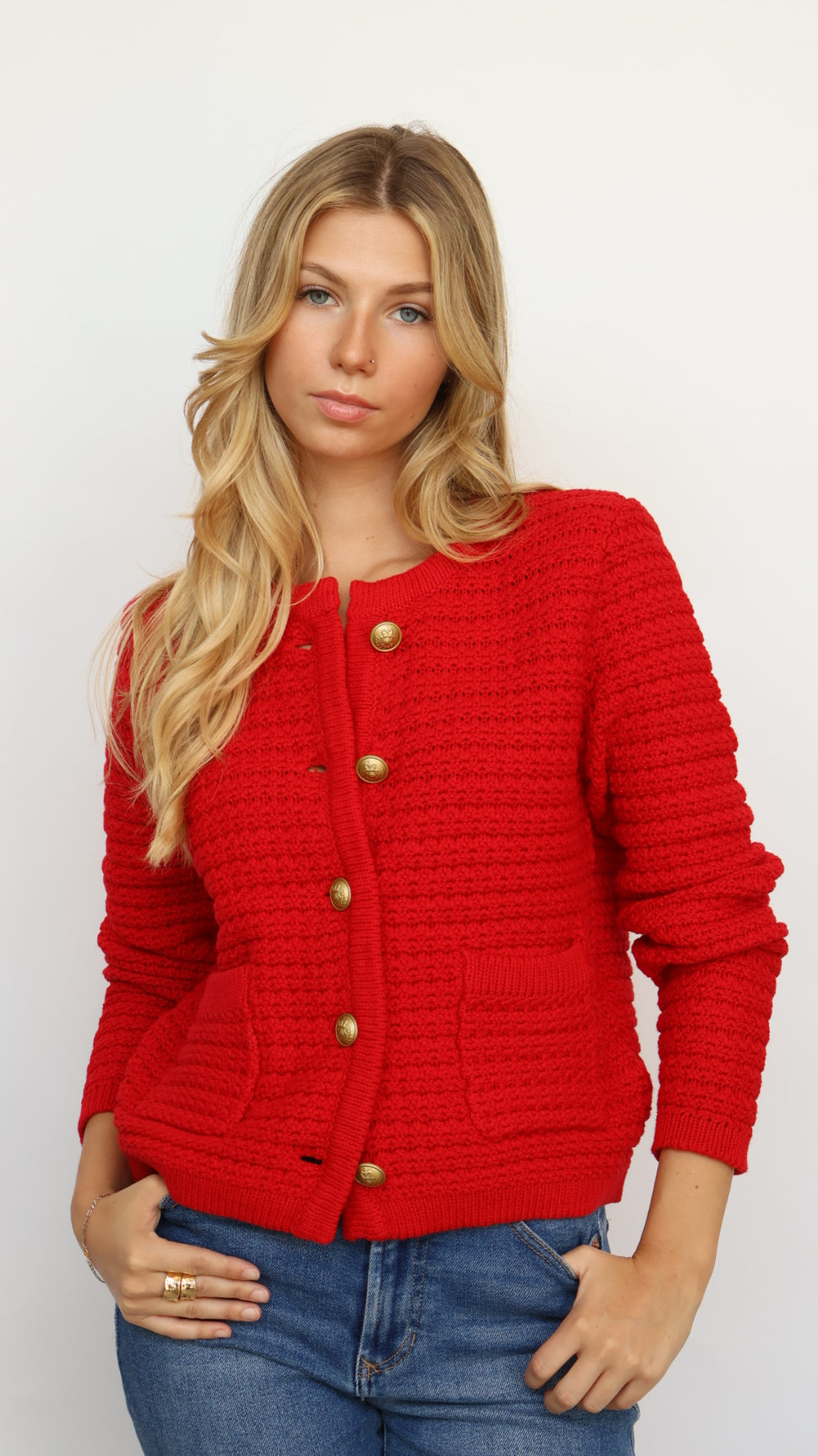 Dear John Denim Red Cable Knit Cardigan Sweater