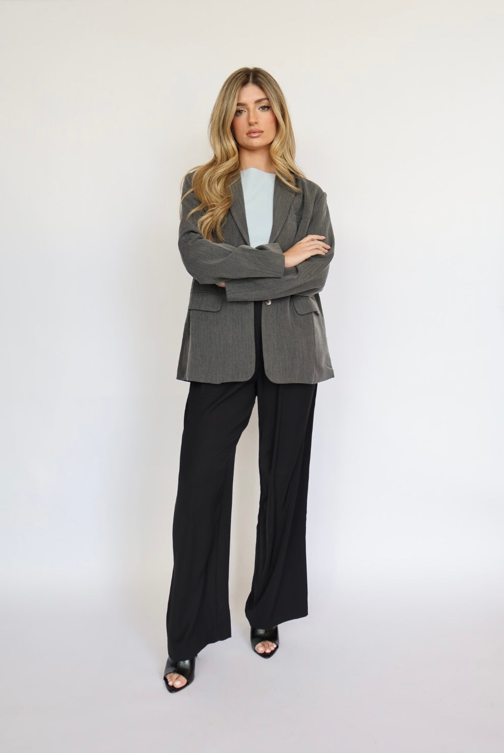 Oversized Button Front Blazer with Front Pockets
