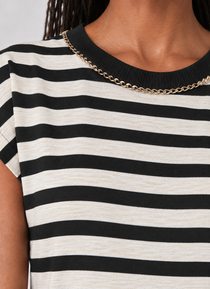 Chain Trim Cap Sleeve Striped Knit Top