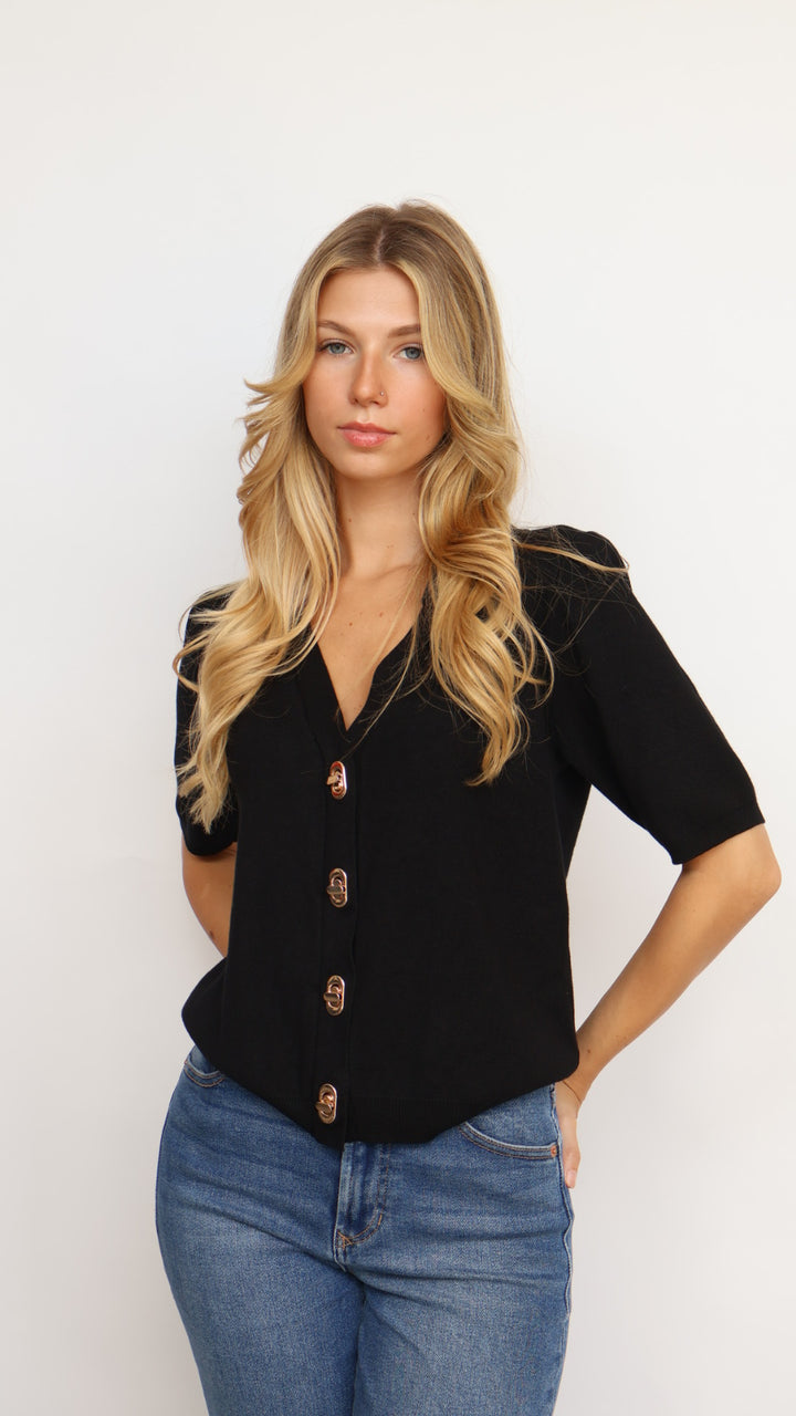 Gold Button Collared Short Sleeve Cardigan