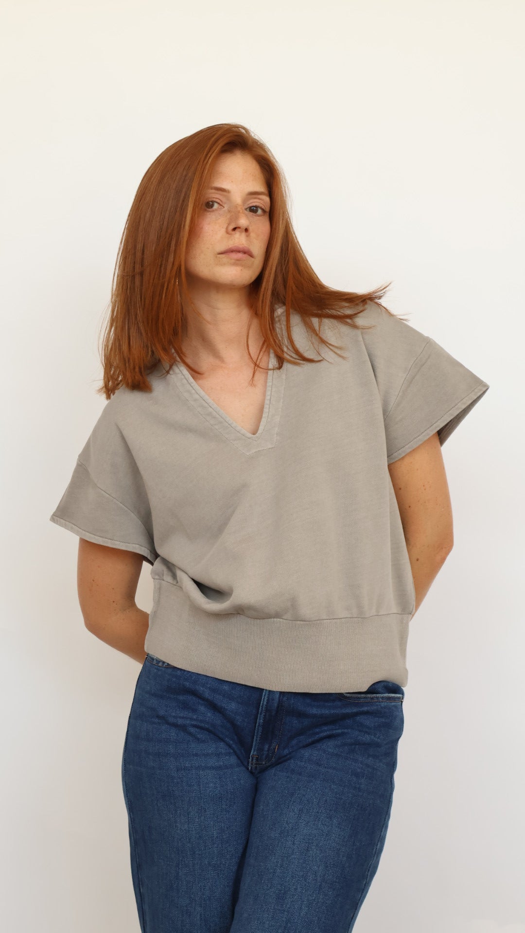 Elan Cap Sleeve V Neck Sweatshirt