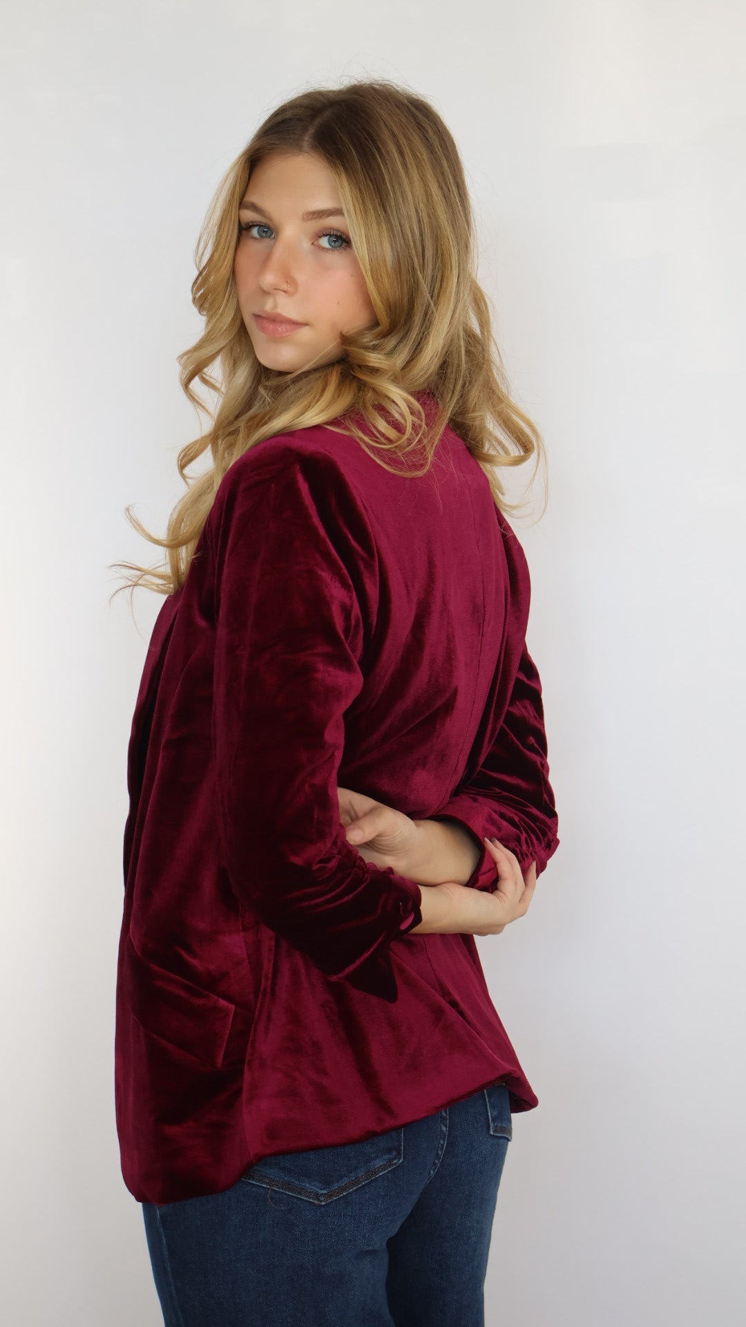 Ruched Sleeve Velvet Blazer