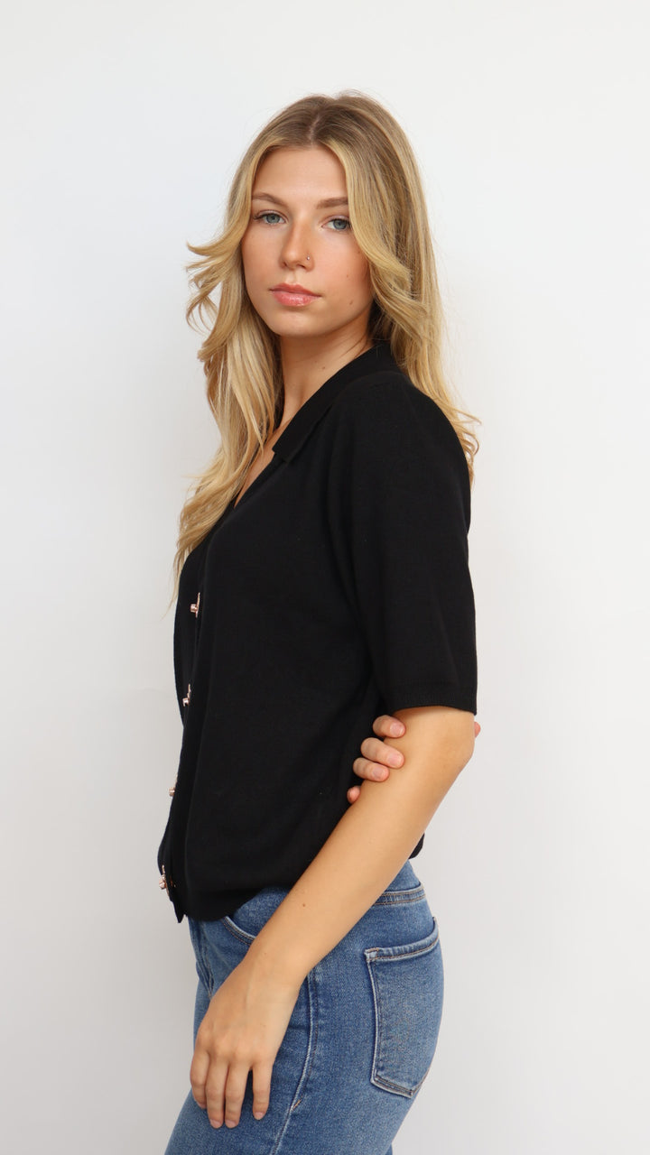 Gold Button Collared Short Sleeve Cardigan