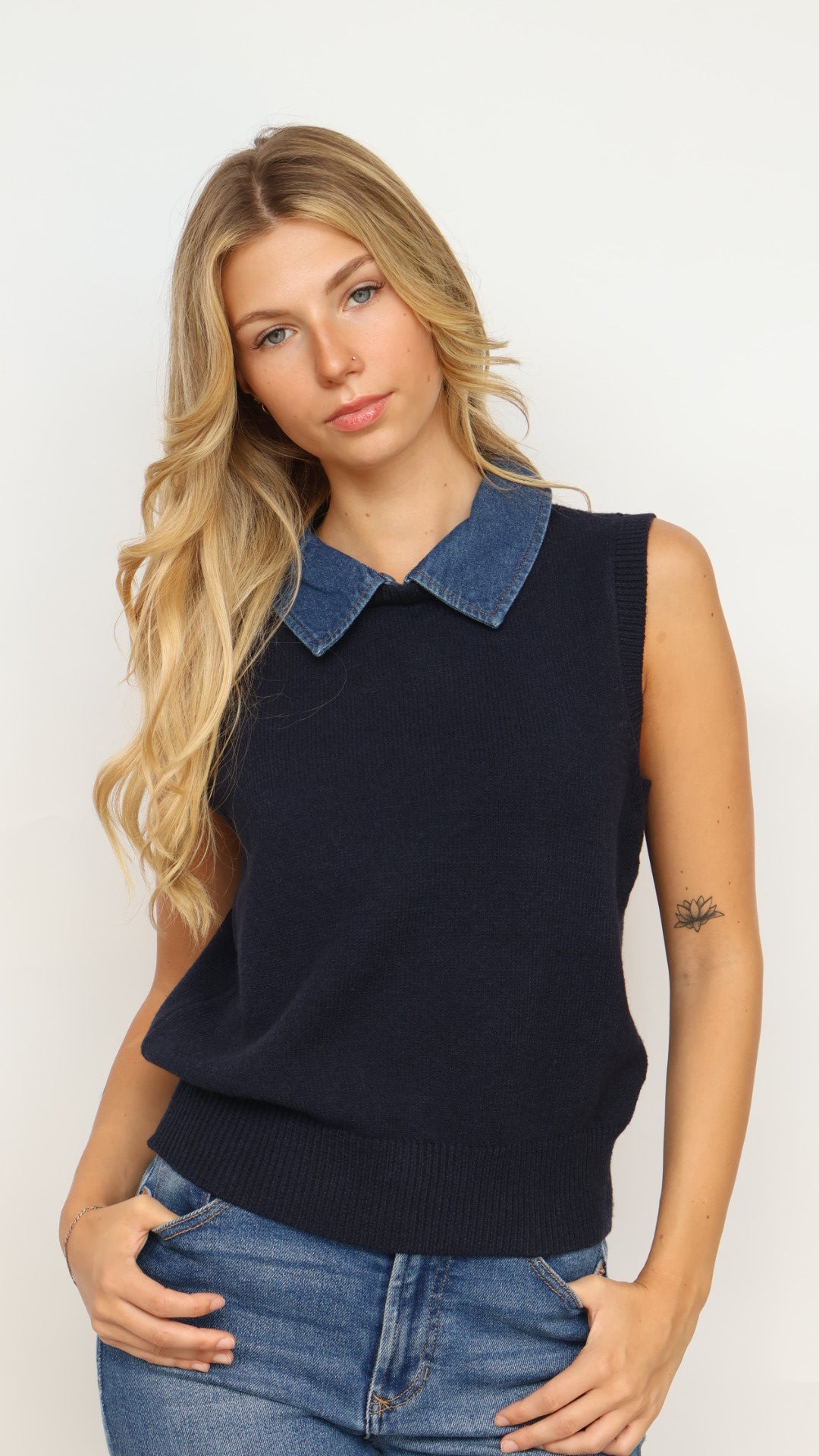 Steve Madden Jeane Sweater Vest With Denim Collar