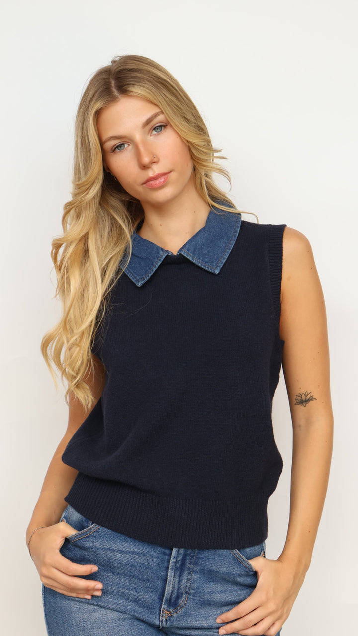 Steve Madden Jeane Sweater Vest With Denim Collar