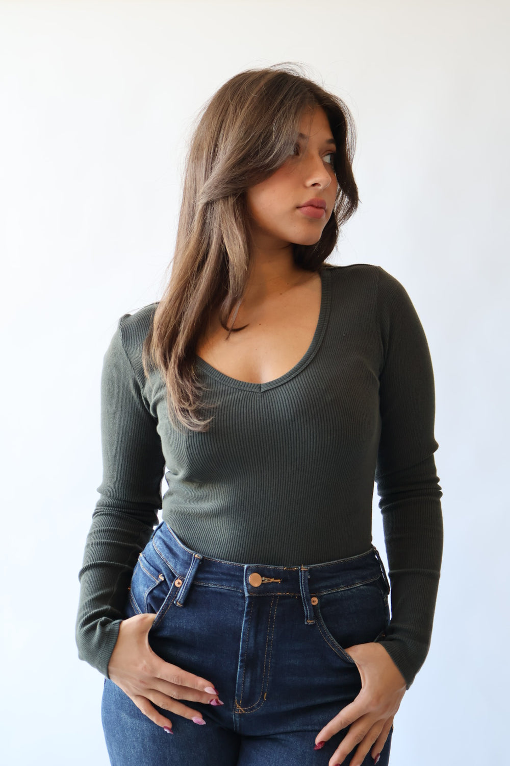 Marlowe Ribbed V Neck Fitted Top