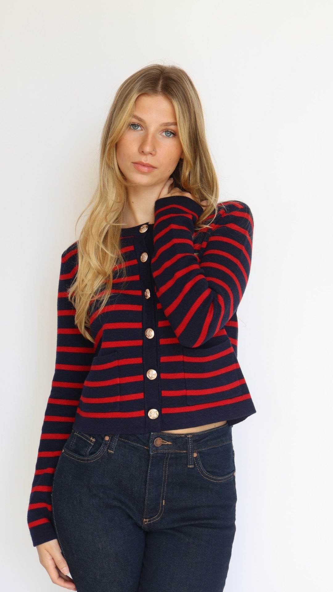 Red & Navy Striped Crewneck Cardigan