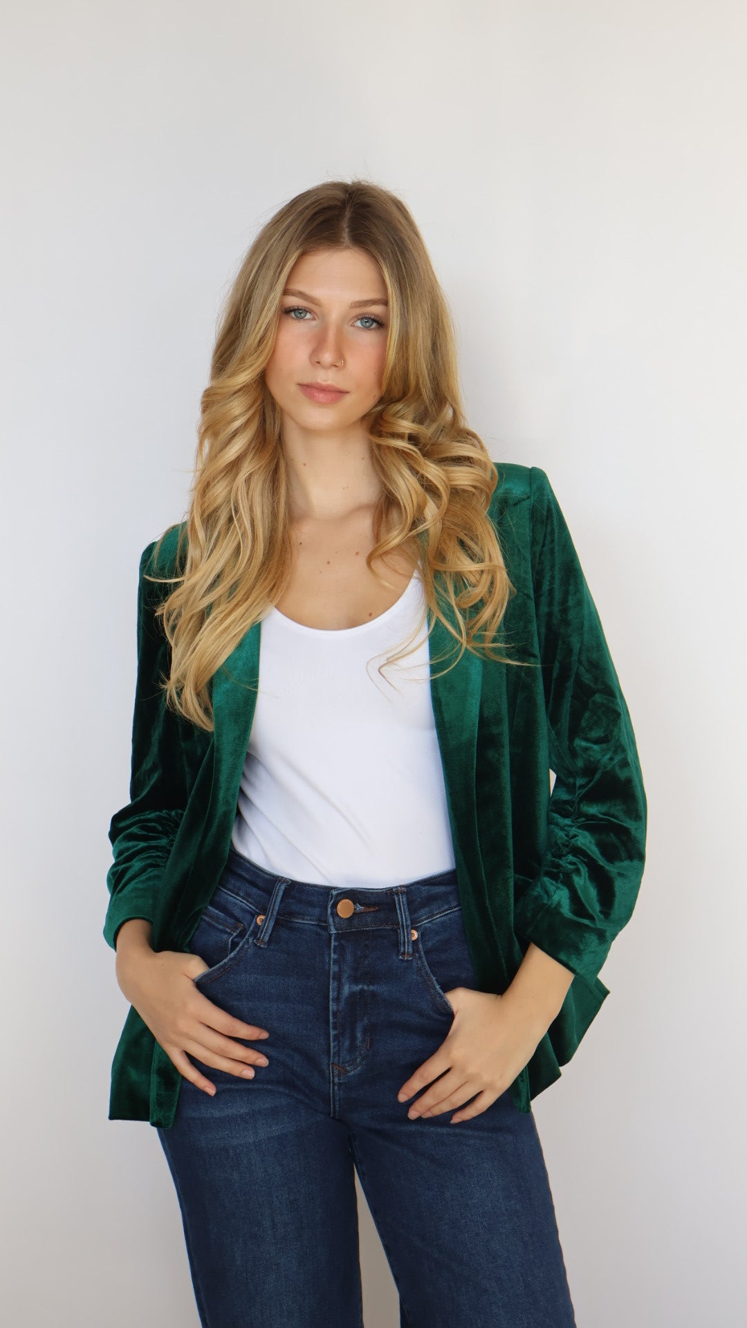 Ruched Sleeve Velvet Blazer