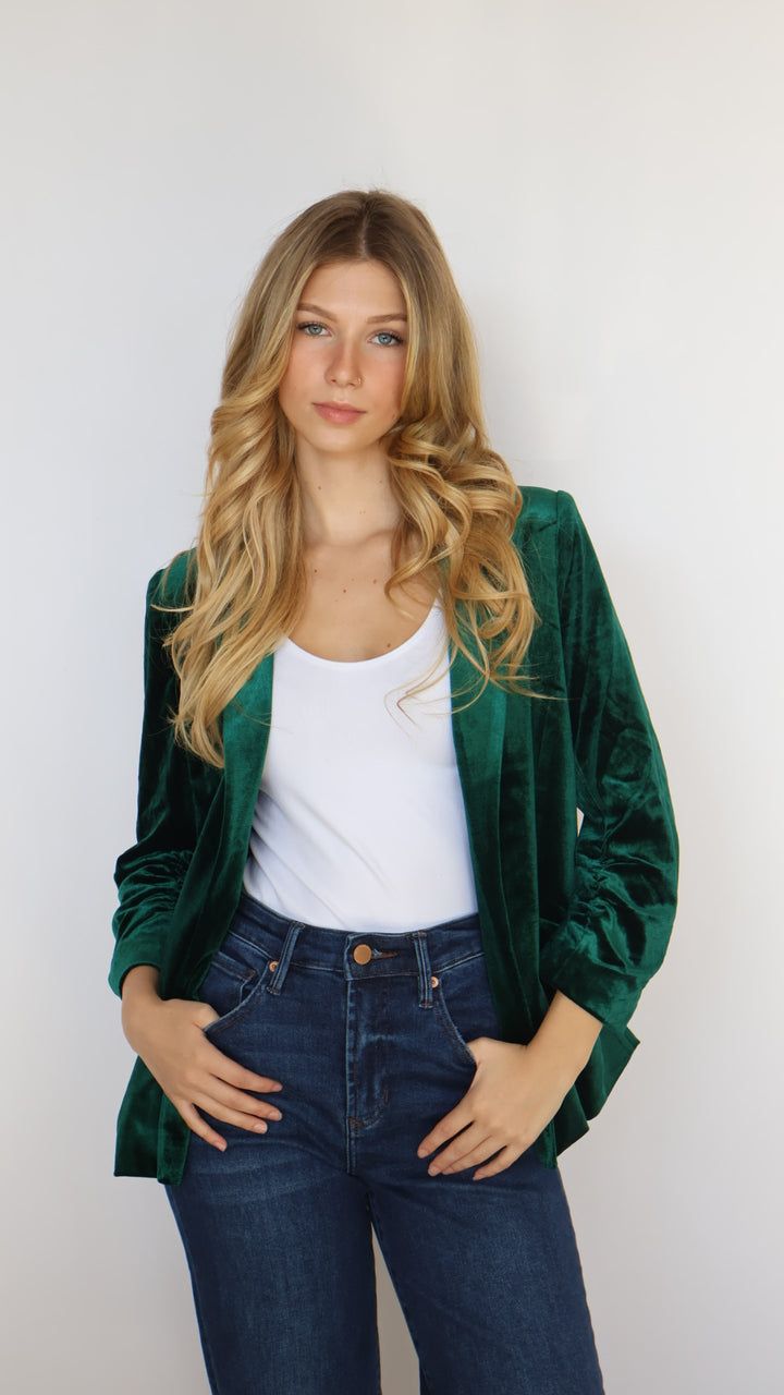 Ruched Sleeve Velvet Blazer