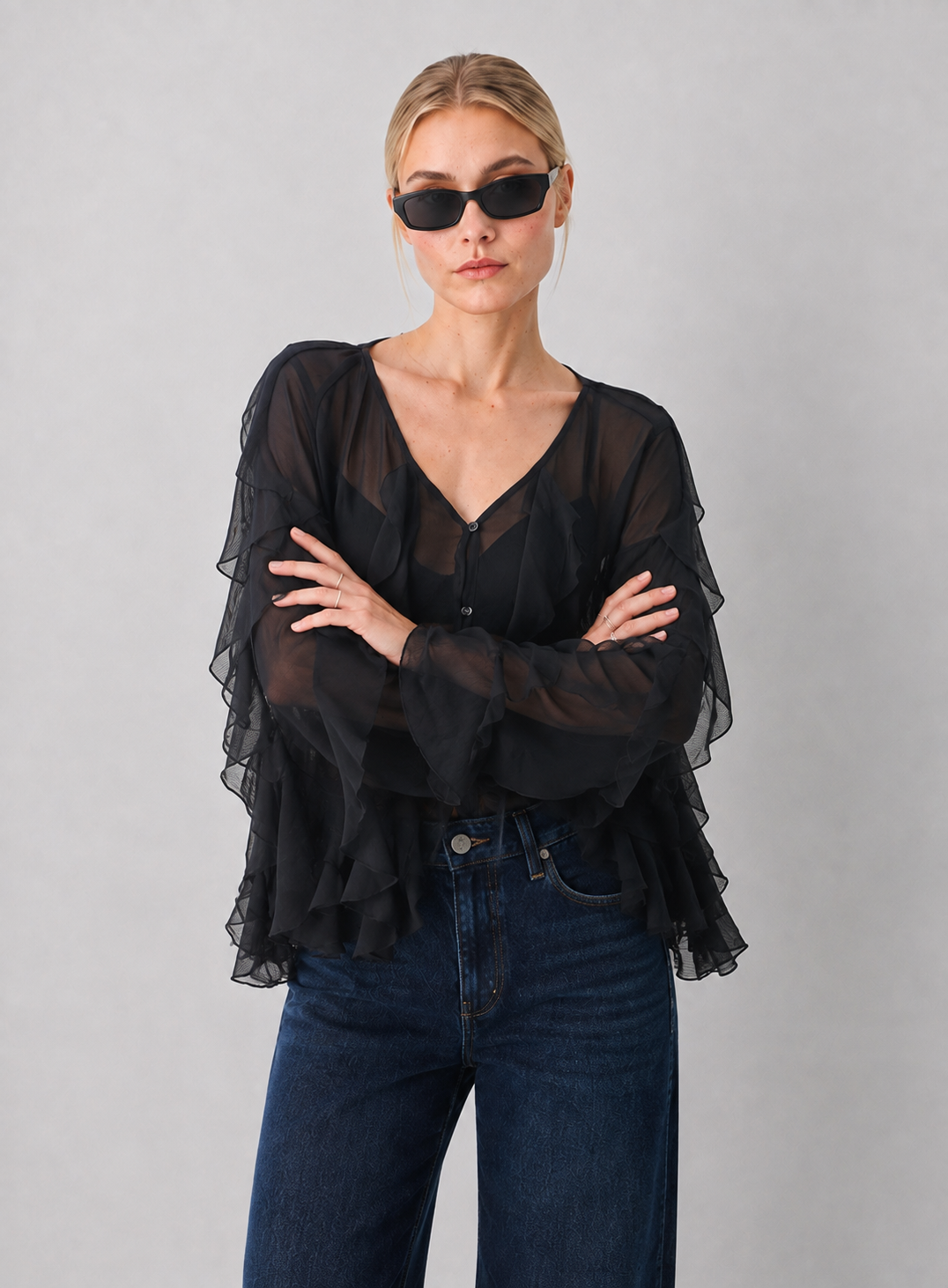 Ruffled V-Neck Button Down Top