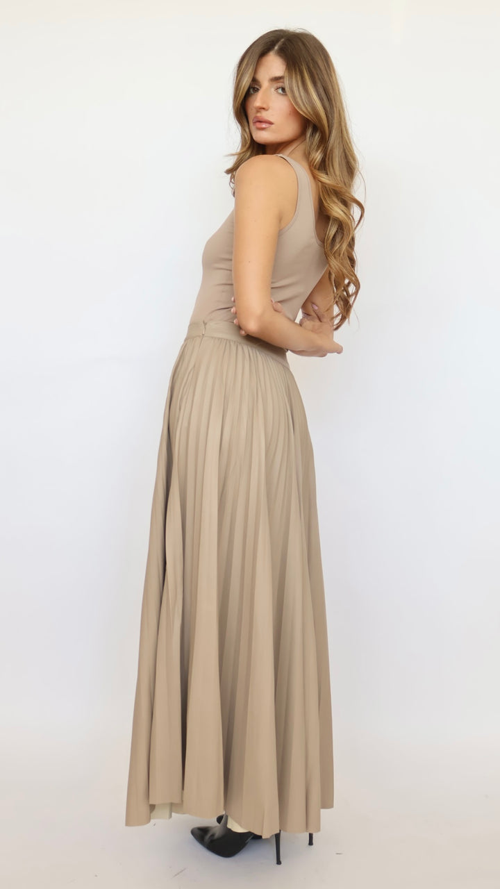 Pleated Vegan Leather Maxi Skirt