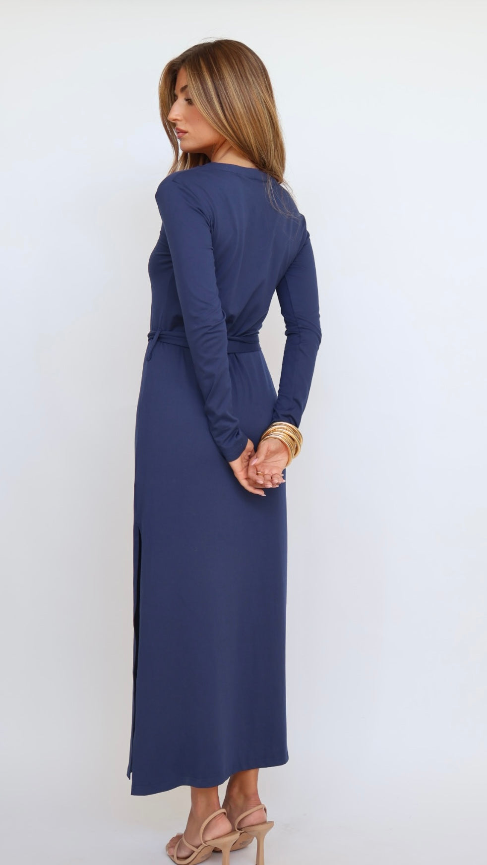 Nora Belted Long Sleeve Slit Leg Maxi Dress