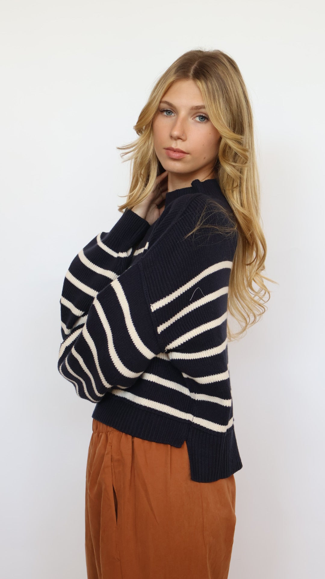 Loose Fit Mock Neck Stripe Sweater