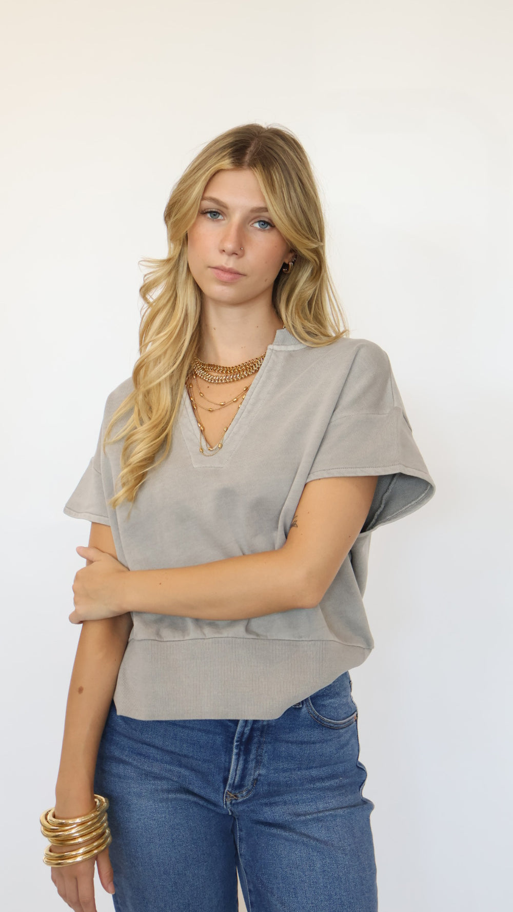 Elan Cap Sleeve V Neck Sweatshirt