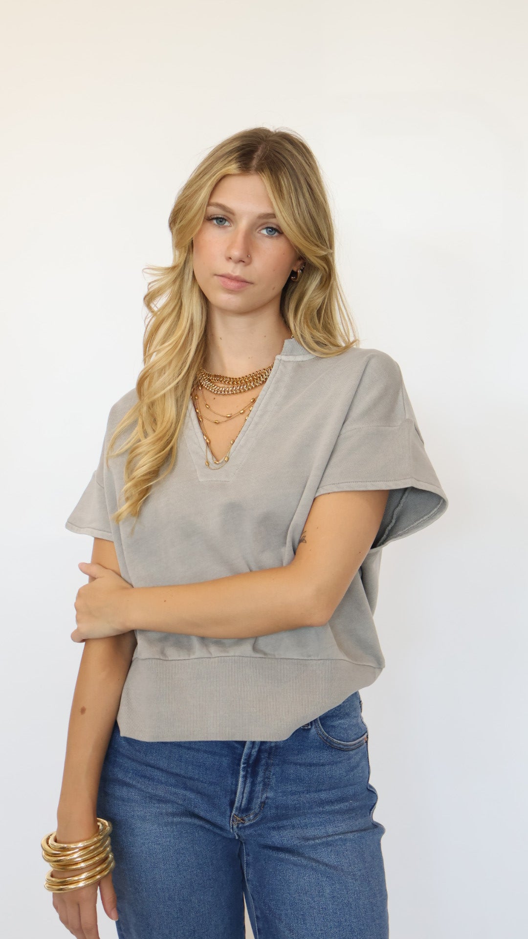 Elan Cap Sleeve V Neck Sweatshirt