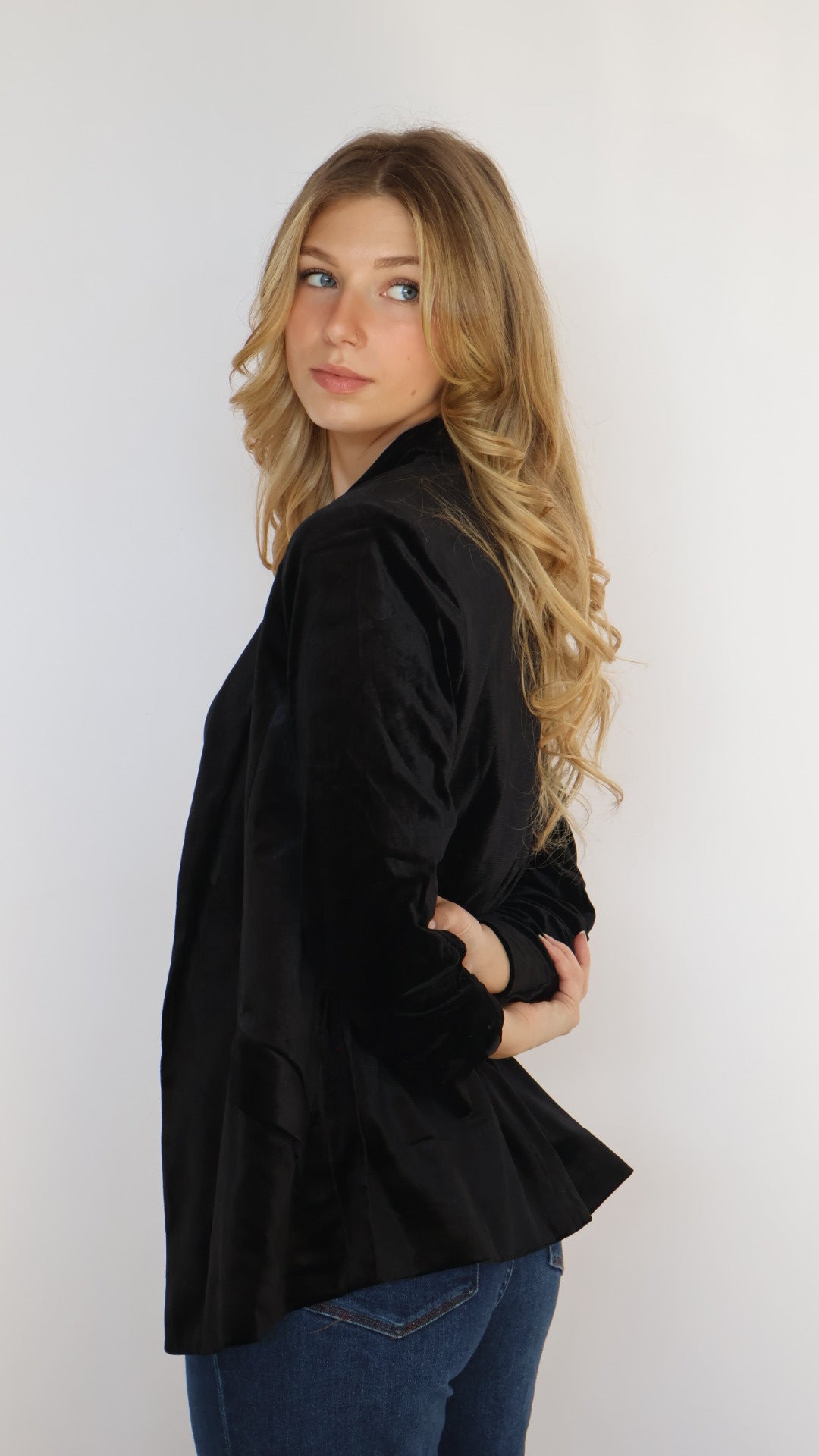 Ruched Sleeve Velvet Blazer