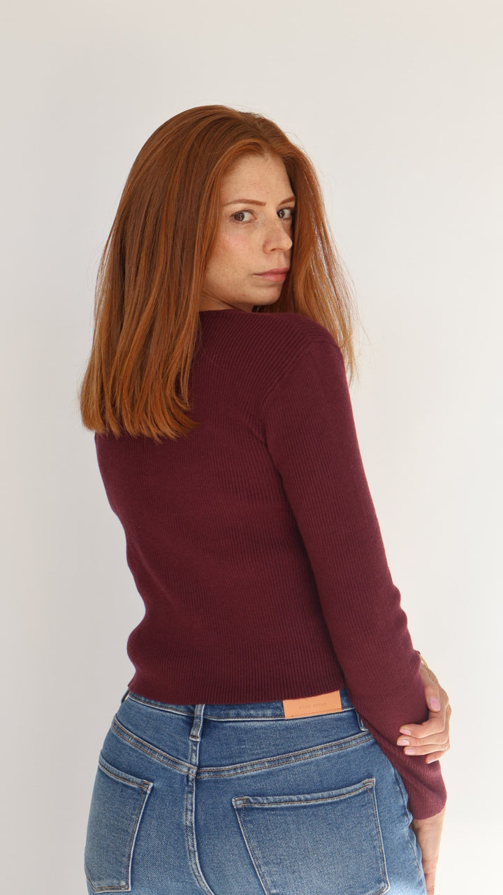 Long Sleeve Buckle Detail V Neck Top