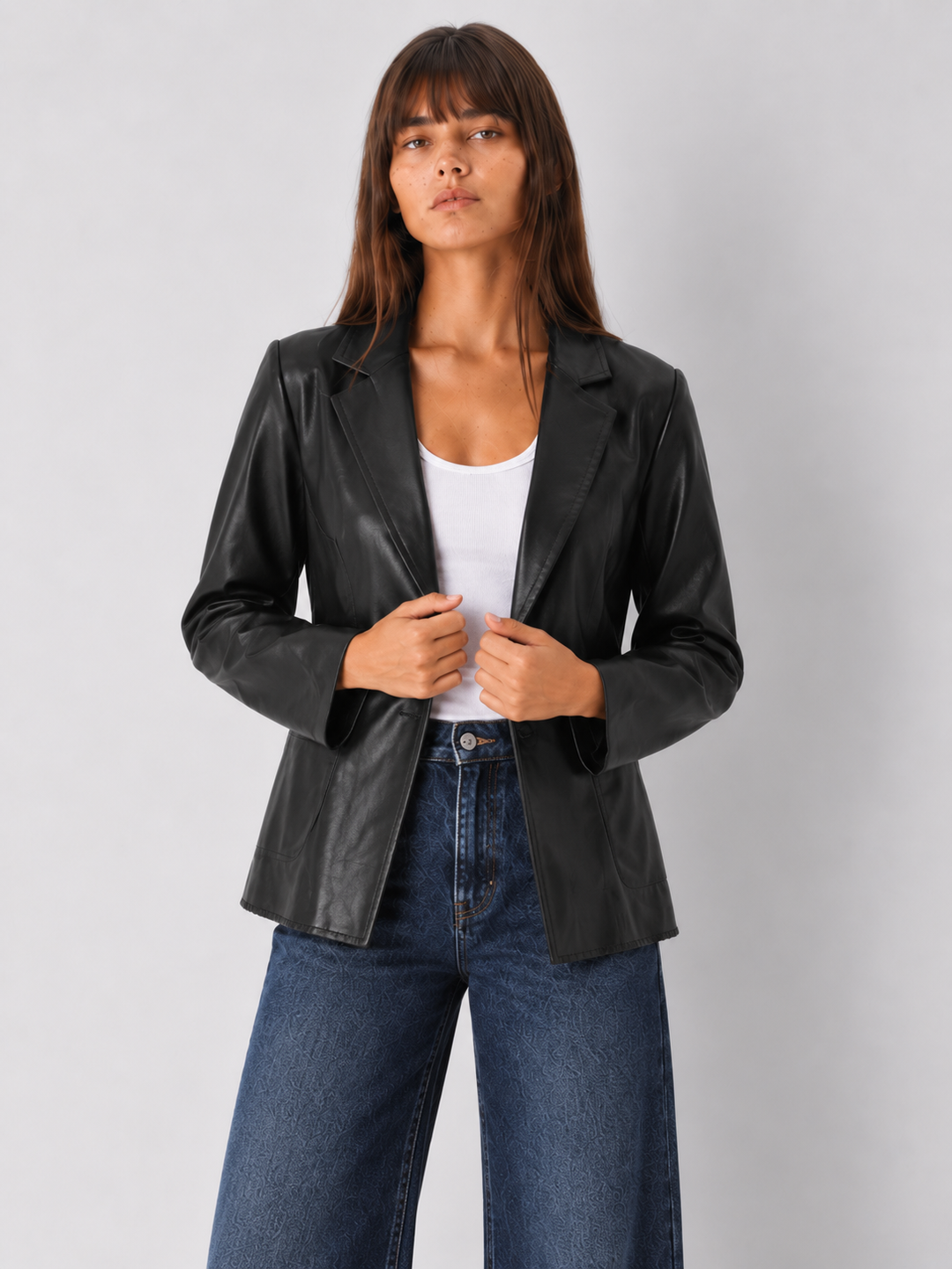 Faux Leather Open Blazer