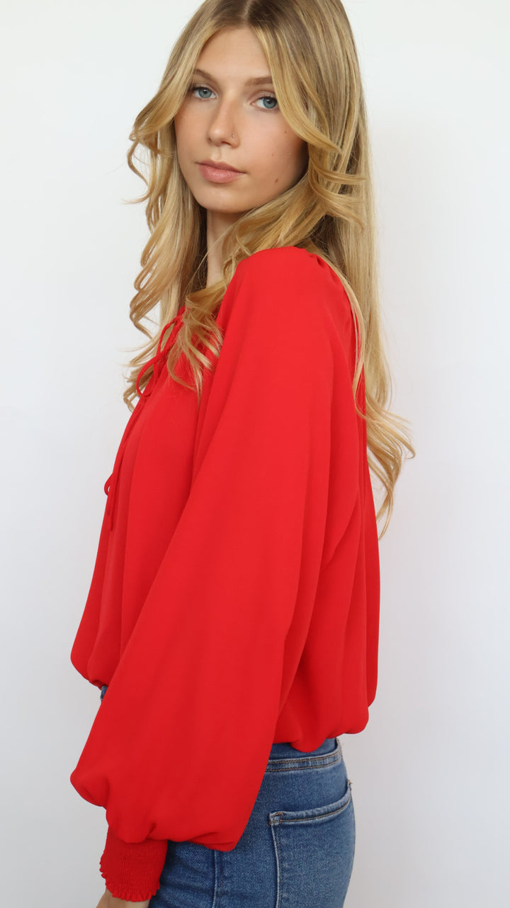 Bubble Hem Tie Neck Blouse