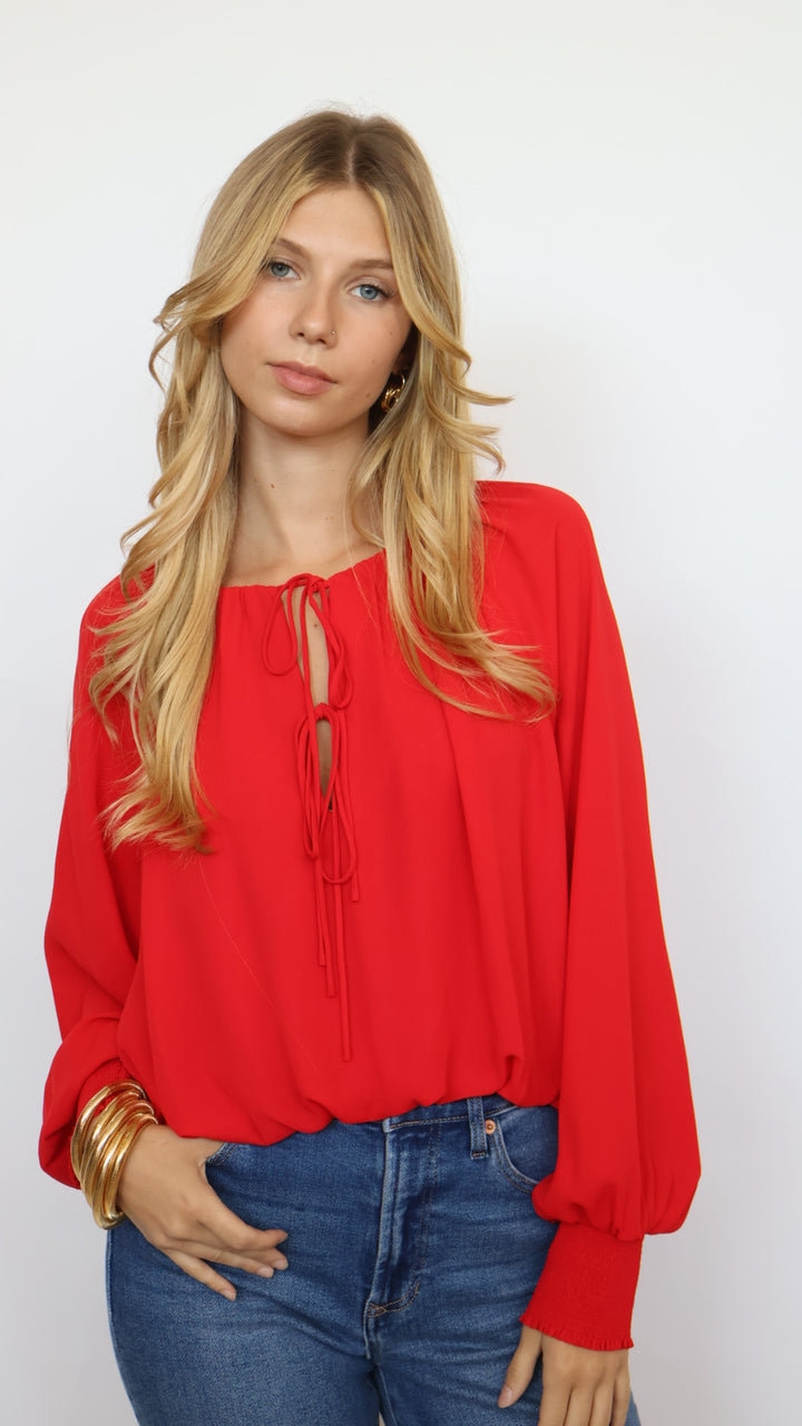 Bubble Hem Tie Neck Blouse
