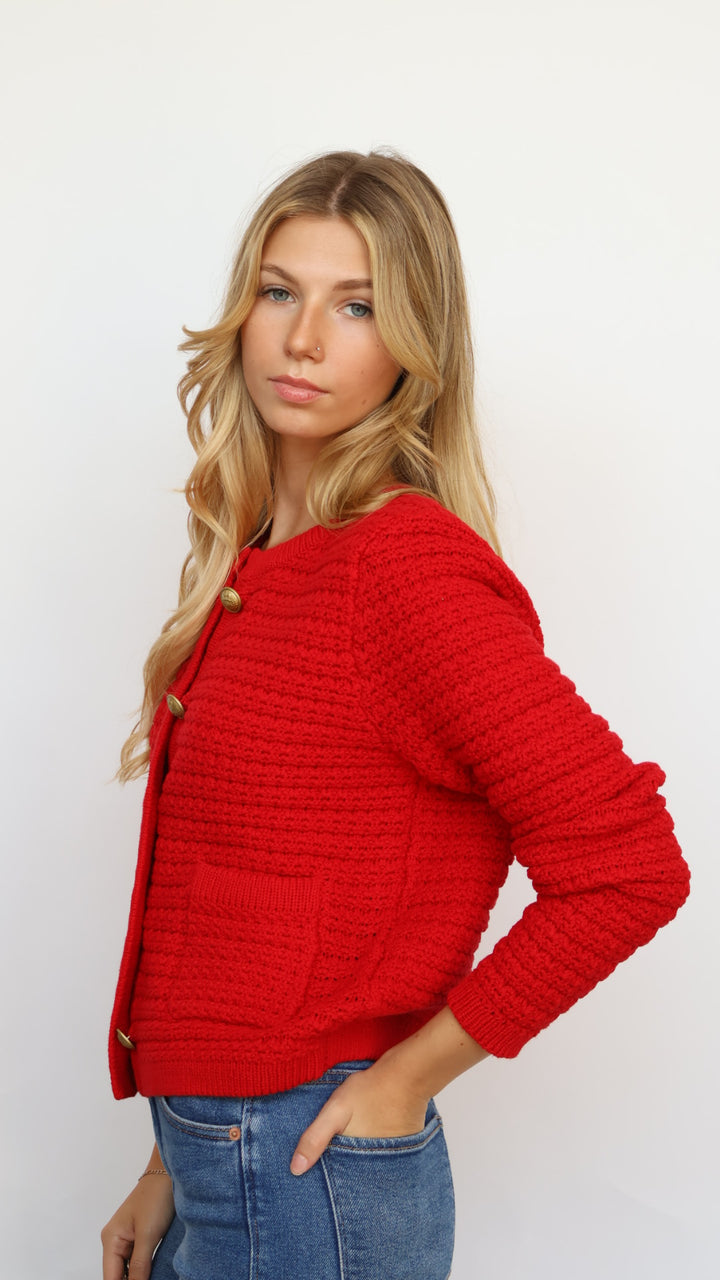 Dear John Denim Red Cable Knit Cardigan Sweater
