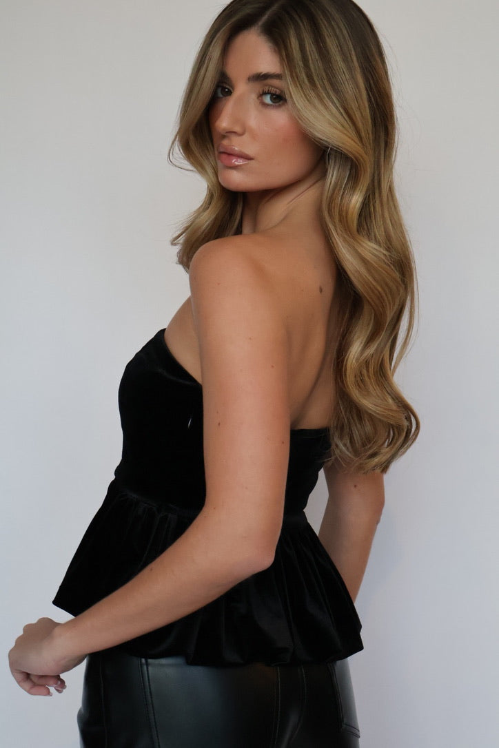 Steve Madden Tessae Top: Strapless Velvet Peplum Top