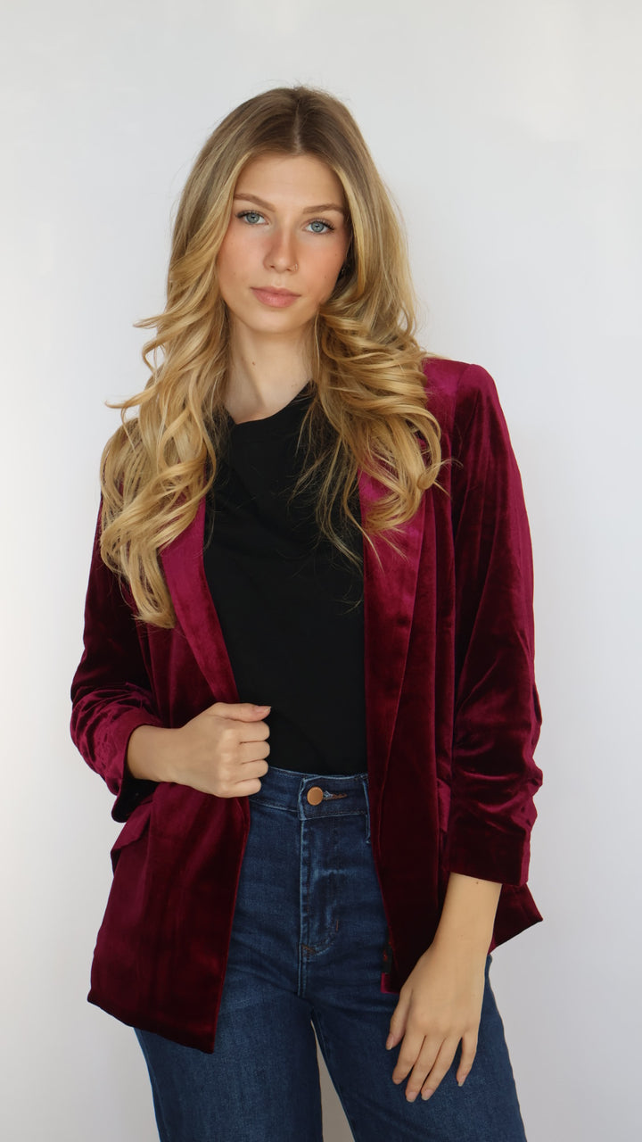 Ruched Sleeve Velvet Blazer